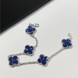 Van Cleef & Arpels Silver Chain Bracelet with Blue Alhambra Clover Motifs